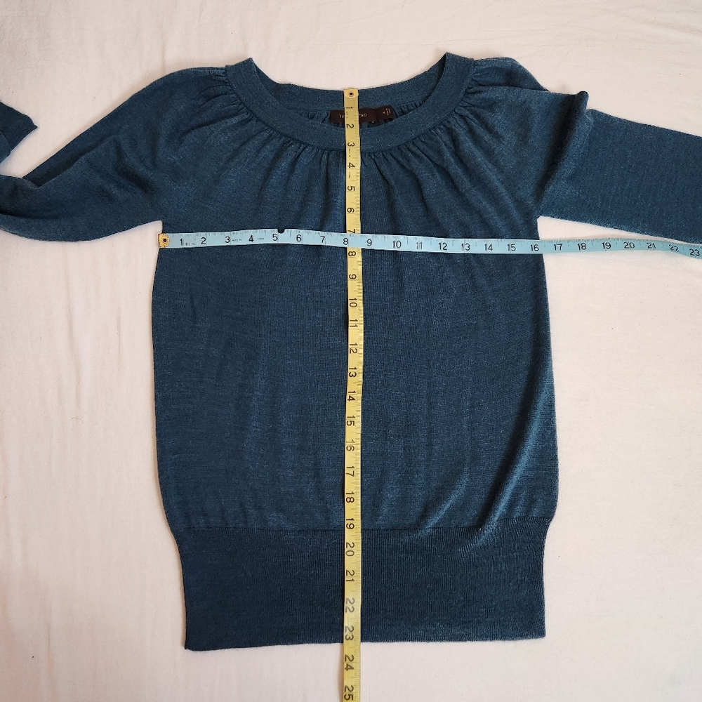 The Limited gathered scoop neck sweater teal green merino wool blend M - Picture 10 of 11